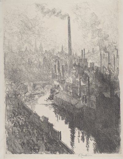 Den store skorsteinen, motorparken, 1916. av Joseph Pennell