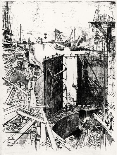The Guard Gate at Gatun, plate V fra Panamakanalen av Joseph Pennell, 1912 (kull på papir) av Joseph Pennell