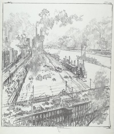 The Levee fra Eads Bridge, St. Louis av Joseph Pennell