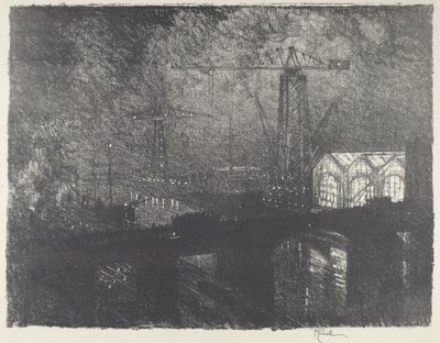 Butikkene om natten, skiftende skift, 1916. av Joseph Pennell