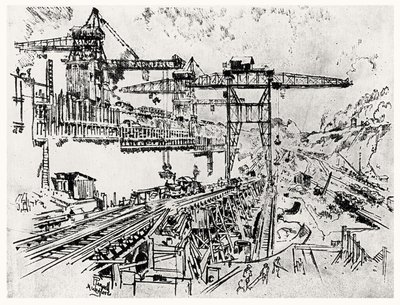 The Walls of Miraflores Lock, plate XXIII fra Panamakanalen av Joseph Pennell, 1912 (kull på papir) av Joseph Pennell