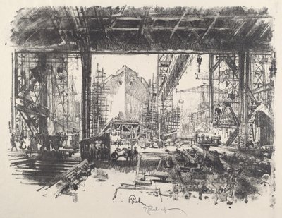 Under skuret, 1917. av Joseph Pennell