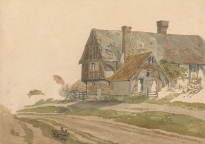 Våningshus med figurer ved dør og vindu av Joseph Powell