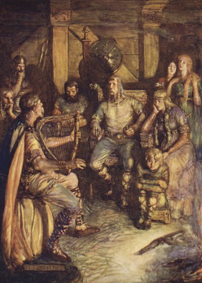 Gledemannen synger Beowulfs gjerninger (farge litho) av Joseph Ratcliffe (after) Skelton
