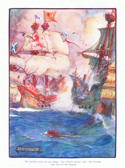 Sir Andrew med sine to skip, Yellow Carvel and the Flower, slo fem av de engelske skipene, 1910 av Joseph Ratcliffe Skelton