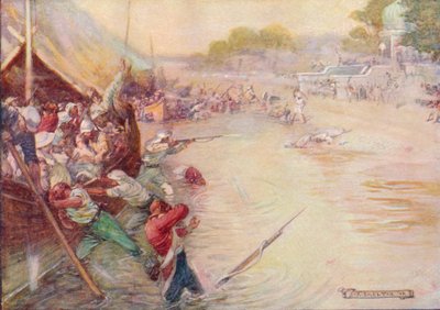 Båtene satt fast i gjørma og var et lett merke, 1908, c1920. av Joseph Ratcliffe Skelton