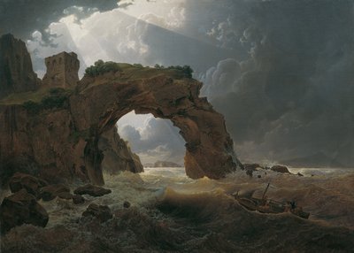 Sjøstorm ved Arco di Miseno nær Miliscola med utsikt mot Nisida av Joseph Rebell