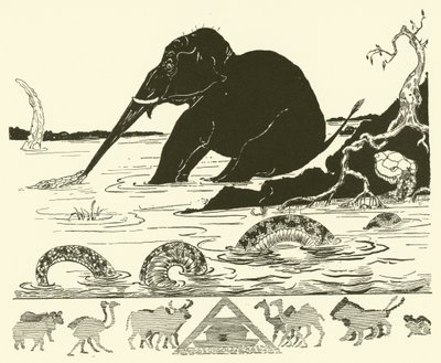 Elefantens barn får nesen trukket av krokodillen (gravering) av Joseph Rudyard (after) Kipling