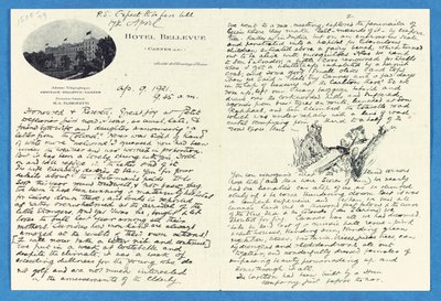 Autografbrev til oberst H. W. Feilden, Hotel Bellvue Cannes, 9. april av Joseph Rudyard Kipling