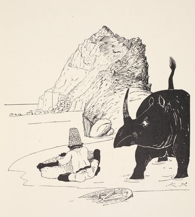 Parsee begynner å spise kaken sin på den ubebodde øya, illustrasjon fra "Just So Stories for Little Children" av Rudyard Kipling, pub. London, 1951 av Joseph Rudyard Kipling