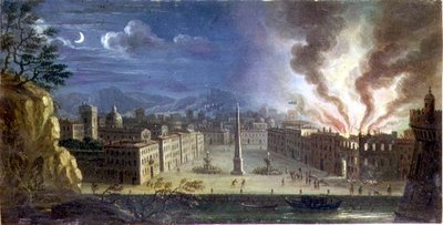 En piazza i en italiensk havneby med en bygning som står i brann om natten av Joseph Ruiz