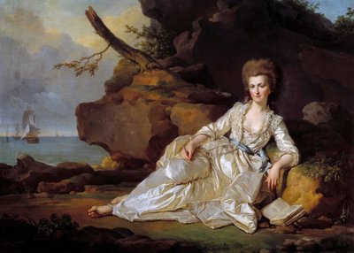 Portrett av hertuginnen av Chartres (1753-1821) i nærvær av fartøyet Den Hellige Ånd som tar hertugen av Chartres til slaget ved Ouessant Maleri av Joseph Siffred Duplessis (1725-1802) (Joseph-Siffred, Joseph Siffrede, Joseph Siffrede, José av Joseph Siffred Duplessis