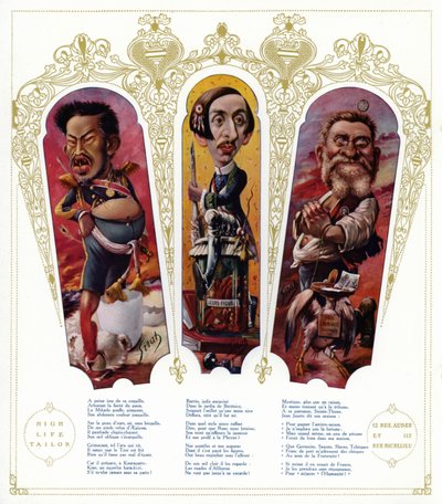 Karikaturer: Meiji-keiseren av Japan; Maurice Barres, fransk forfatter og nasjonalistisk politiker; Jean Jaures , fransk politiker (farge litho) av Joseph Sirat