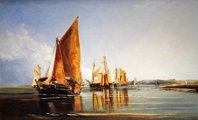 En fullastet lekter under seil (olje på panel) av Joseph Stannard