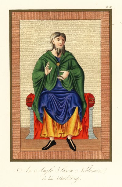 Nobil anglo-saxon în rochia sa de stat, secolul al VIII-lea, 1845 (gravură) norvegian av Joseph Strutt