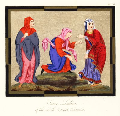 Angelsaksiske kvinnekostymer, 9. og 10. århundre, 1854 (gravering) av Joseph Strutt