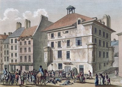Septembermassakrene: Massakren i Abbaye-fengselet nær St. Germain des Pres, 2.-5. september 1792, gravert av Reinier Vinkeles (1741-1816) og Daniel Vrydag (1765-1822) (farget gravering) av Joseph Swebach Desfontaines