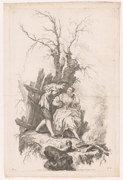Mann og kvinne med hund ved bål Vinter Four Seasons (serietittel) av Joseph Wagner (possibly)