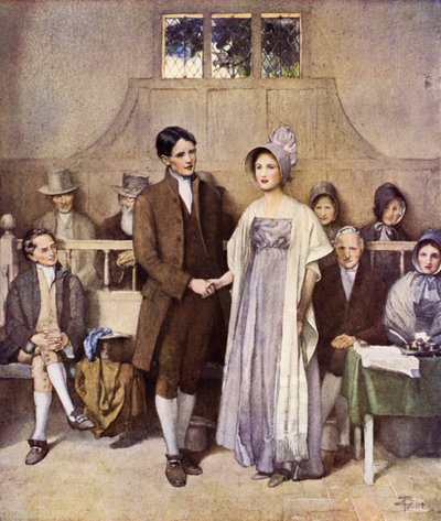 Et Quaker-bryllup, kjærlighet og lojalitet (litho-farge) av Joseph Walter West