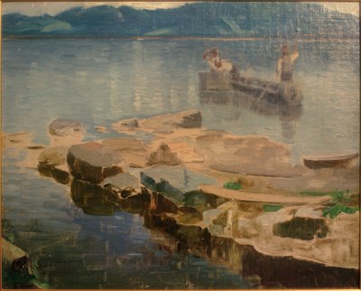 Steintunge i Eibsee med fiskere av Joseph Wopfner