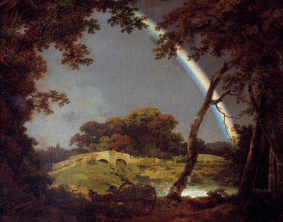 Landskap med regnbuemaleriet av Joseph Wright fra Derby (1734-1797) 1794 Derby, Derby museum av Joseph Wright of Derby