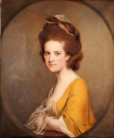 Portrett av Dorothy Hodges, halv lengde, i gul kjole av Joseph Wright of Derby