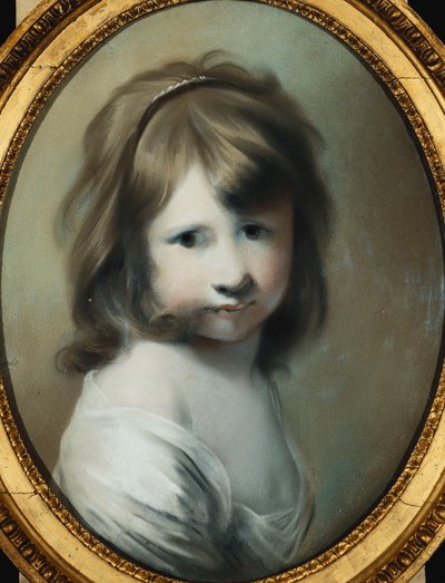 Portrett av Harriet Wright, kunstnerens datter, som et barn, bystelengde, ser over høyre skulder, av Joseph Wright of Derby