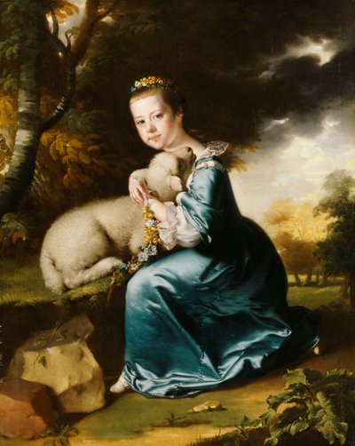 Portrett av frøken Frances Warren, knelende i full lengde i en skogkledd park, iført en blå kjole og holder et lam, av Joseph Wright of Derby
