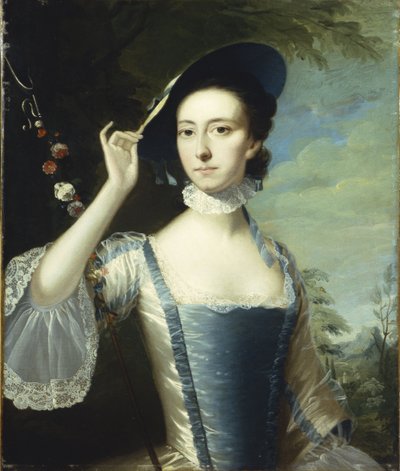 Portrett av en dame ved en krans av blomster, i et landskap av Joseph Wright of Derby