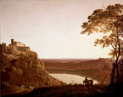 Utsikt over Lake Nemi i skumringen Maleri av Joseph Wright dit Wright fra Derby (1734-1797) av Joseph Wright of Derby