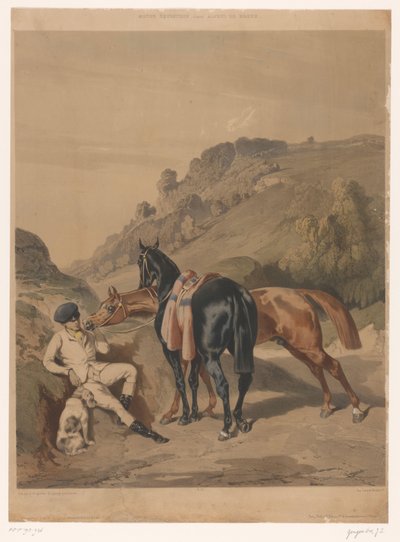 To hester med hvilende rytter i et landskap Hester etter Alfred de Dreux (serietittel) Motivs équestres d