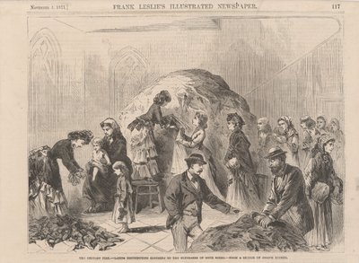 The Chicago Fire: damer som deler ut klær til lider av begge kjønn, illustrasjon fra Frank Leslies Illustrated Newspaper, 1871 av Joseph after Becker