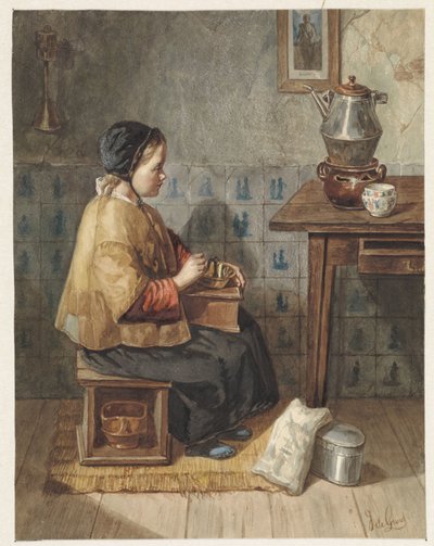 Jente sitter på en komfyr av Joseph de Groot