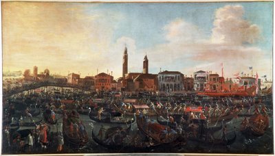 Freskens fest"" på himmelfartsdagen i Murano, Venezia"" San Cipriano-klosteret til høyre og kirken Santo Stefano i sentrum, forsvant i dag (festen for "" Fresco" på Kristi himmelfartsdagen i Murano-øya, Venezia) Maleri av Jo av Joseph the younger Heintz