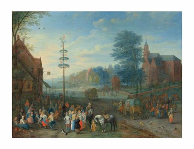 En landsbykermesse med figurer som danser rundt en majstang (olje på kobber) av Joseph van Bredael