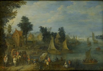 Landsby ved bredden av en elv av Joseph van Bredael