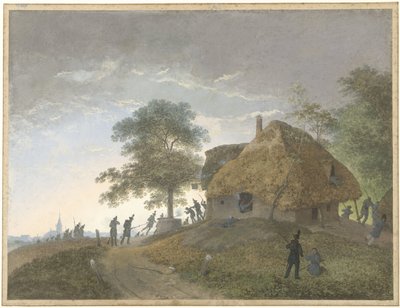 Slag på et kro med stråtak eller hus på en høyde av Josephus Augustus Knip