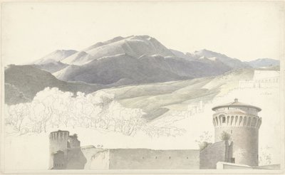 Landskap ved Subiaco og bygning i Roma av Josephus Augustus Knip