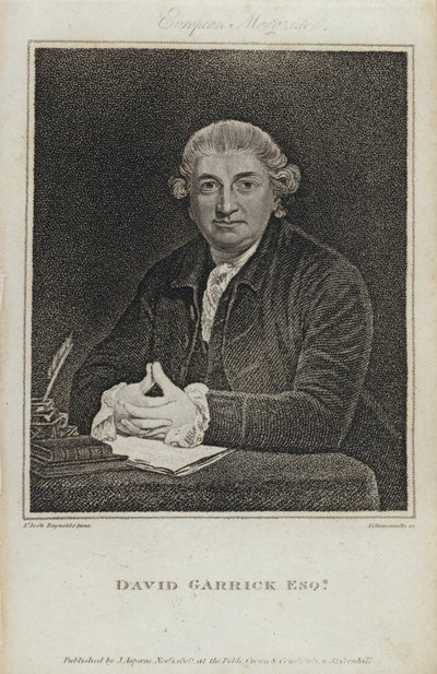 David Garrick , engelsk skuespiller, dramatiker og teatersjef (gravering) av Joshua (after) Reynolds