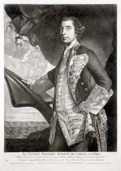 Portrett av Sir George Brydges Rodney (1719-92) Admiral of the White, gravert av William Dickinson (1746-1823) pub. av Carington Bowles (fl.1744-93) (gravering) av Joshua (after) Reynolds