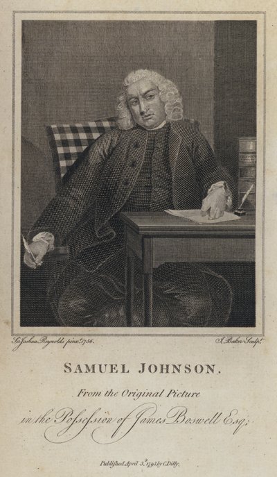 Samuel Johnson , engelsk forfatter og leksikograf (gravering) av Joshua (after) Reynolds