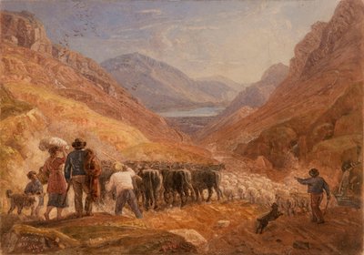 Gjetere driver storfe og sauer gjennom Tal-y-Llyn-passet, Wales av Joshua Cristall