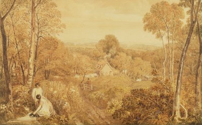 Skoglandskap med hytter og landsmenn, Hurley, Berks, 1818 (wc over grafitt på papir) av Joshua Cristall