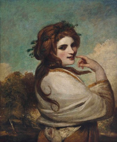 Portrett av Emma, Lady Hamilton, som en Bacchante, halvlang, i en gul kjole og hvitt sjal, i et landskap av Joshua Reynolds