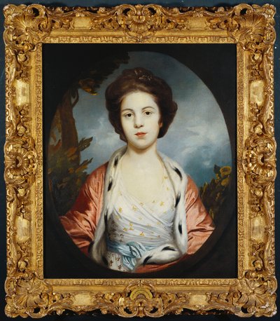 Portrett av Esther, Lady Wray, iført en hvit kjole, en gull- og rosa hermelinforet kappe, et landskap utenfor av Joshua Reynolds