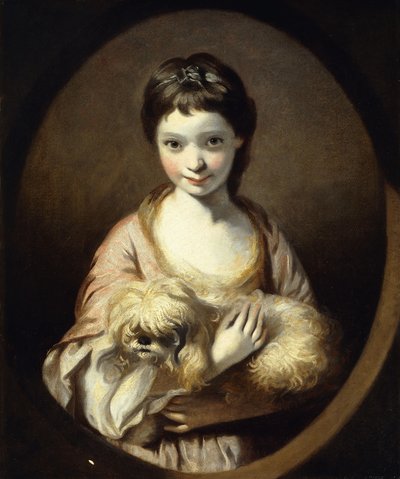 Portrett av frøken Emilia Vansittart, halv lengde, iført en rosa og hvit kjole som holder en hund, ca. 1767-68 av Joshua Reynolds