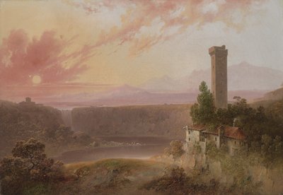 Utsikt over Lake Nemi ved solnedgang, ca. 1840-50 av Joshua H. Shaw