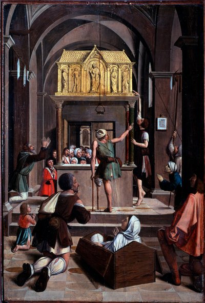 Life of St Sebastian: pilegrimer på graven til St Sebastian - olje på tre av Josse (fl.1493 1508) Lieferinxe