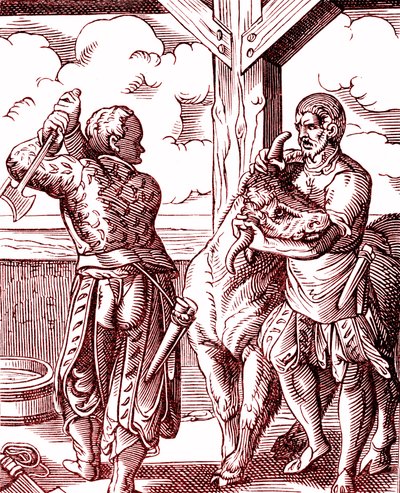 En slakter - Mat og matlaging i middelalderen. Gravering av Jost Amman (1539-1591). Gravering 1878 av Jost (after) Amman