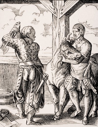 Slakteren og hans assistent, reproduksjon av en gravering fra 1500-tallet av Jost Amman (1539-91) fra 